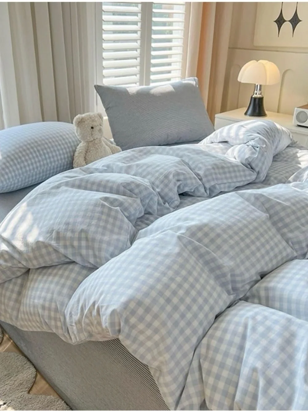 FULL SIZE Ultra-Soft GINGHAM Duvet Set 100% Washed Microfiber - BLUE & WHITE